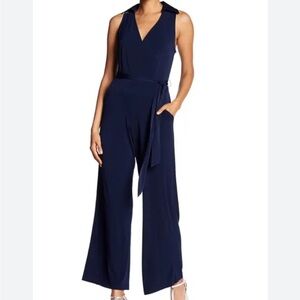 NAVY BLUE SURPLICE BACK JUMPSUIT WIDE LEG + POCKETS TIE BELT SIZE XL NWT